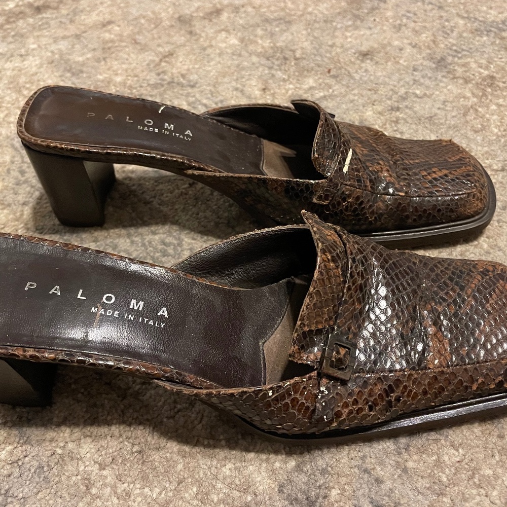 Paloma snakeskin heel slide mule